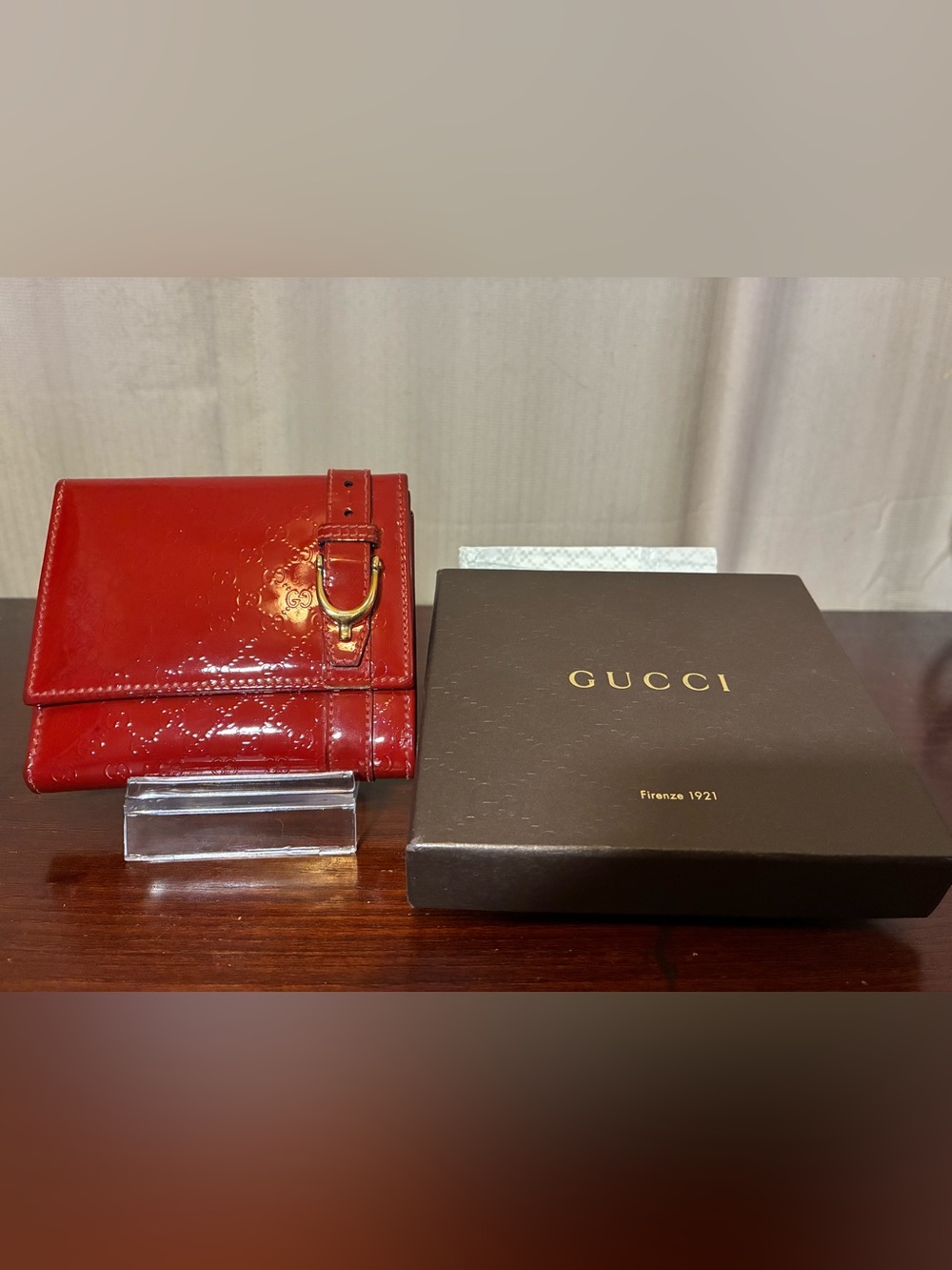 Gucci Red Patent Leather Card & Key Holder with Gold-Tone Buckle